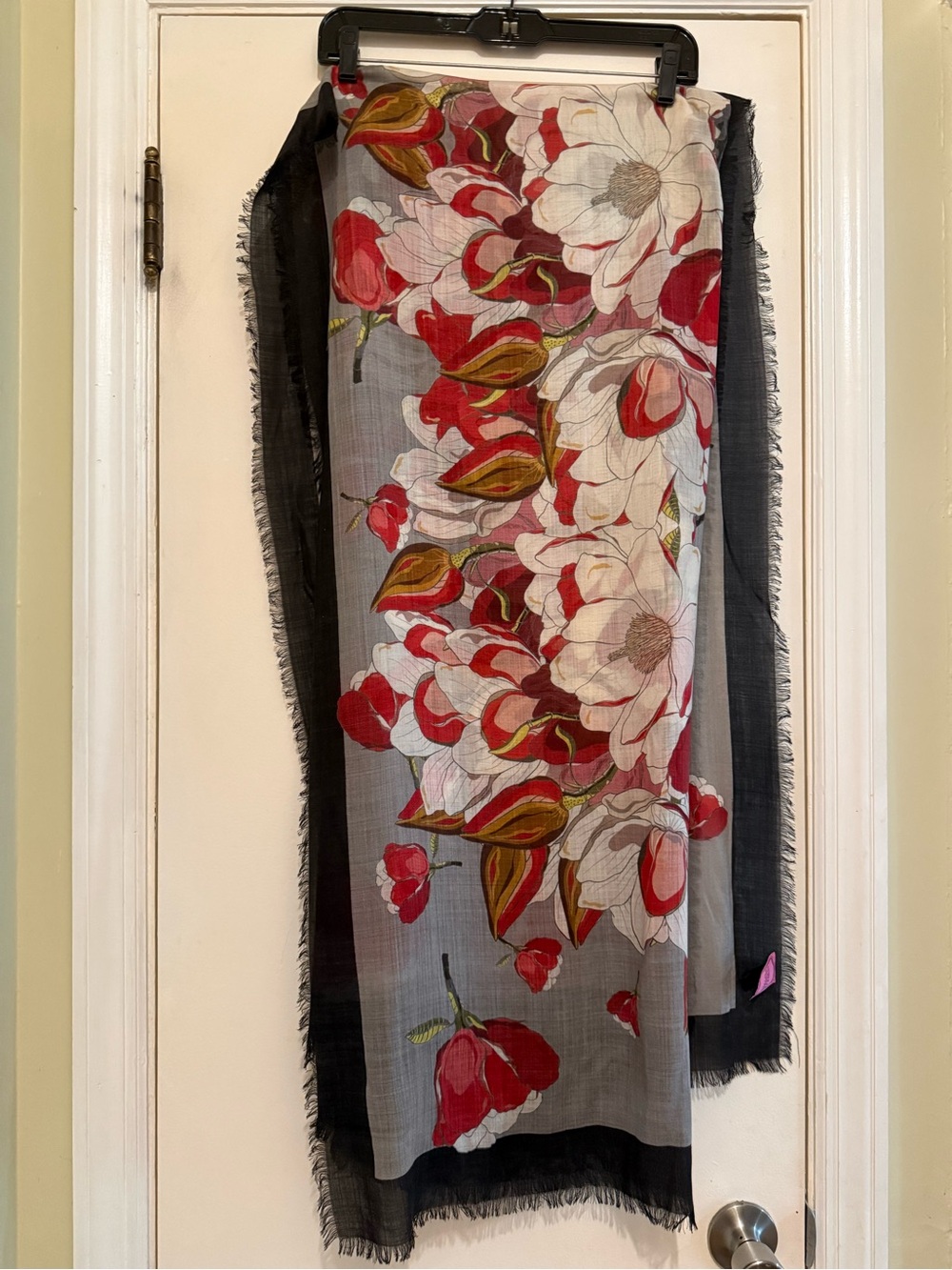 Black Floral Lightweight Scarf Wrap with Red and Cream Blooms